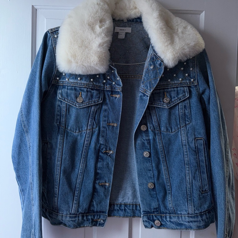 Forever 21 Blue Denim Jacket with White Faux Fur Collar